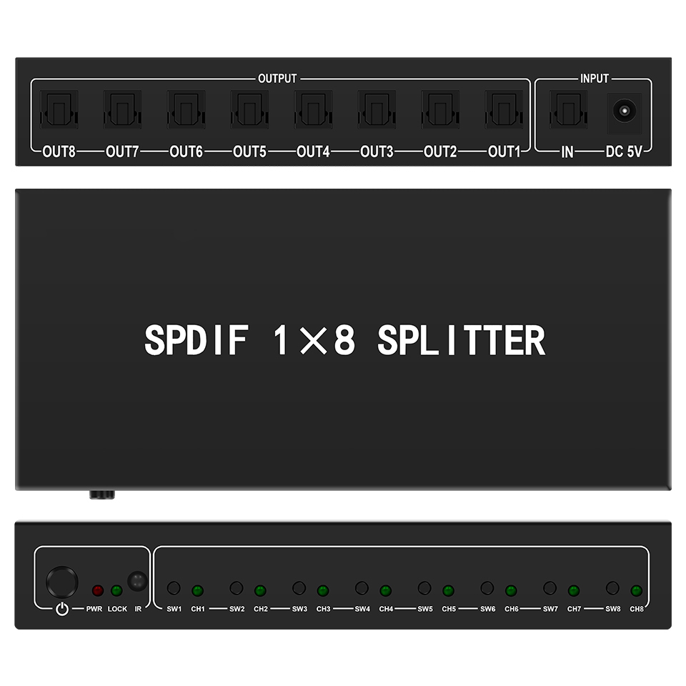 Home Cinema Beamer - ตัวแยกสัญญาณเสียงออปติคอล1 in 8เอาต์พุตไฟเบอร์ออปติกตัวแยกสัญญาณ s/pdif สำหรับโฮมเธียเตอร์ลำโพงเพลย์สเตชันทีวีเครื่องเล่นดีวีดี